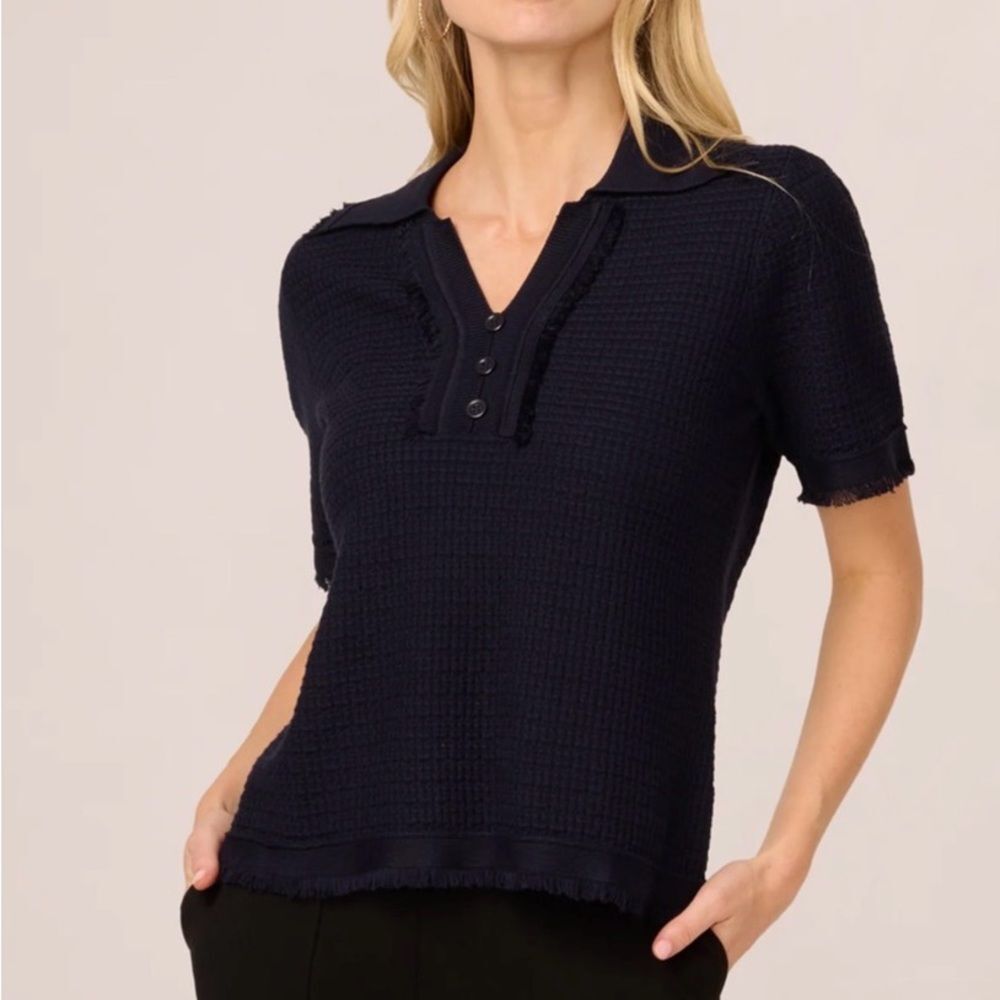Adrianna Papell Knit Textured Short Sleeve Polo in Navy Size S